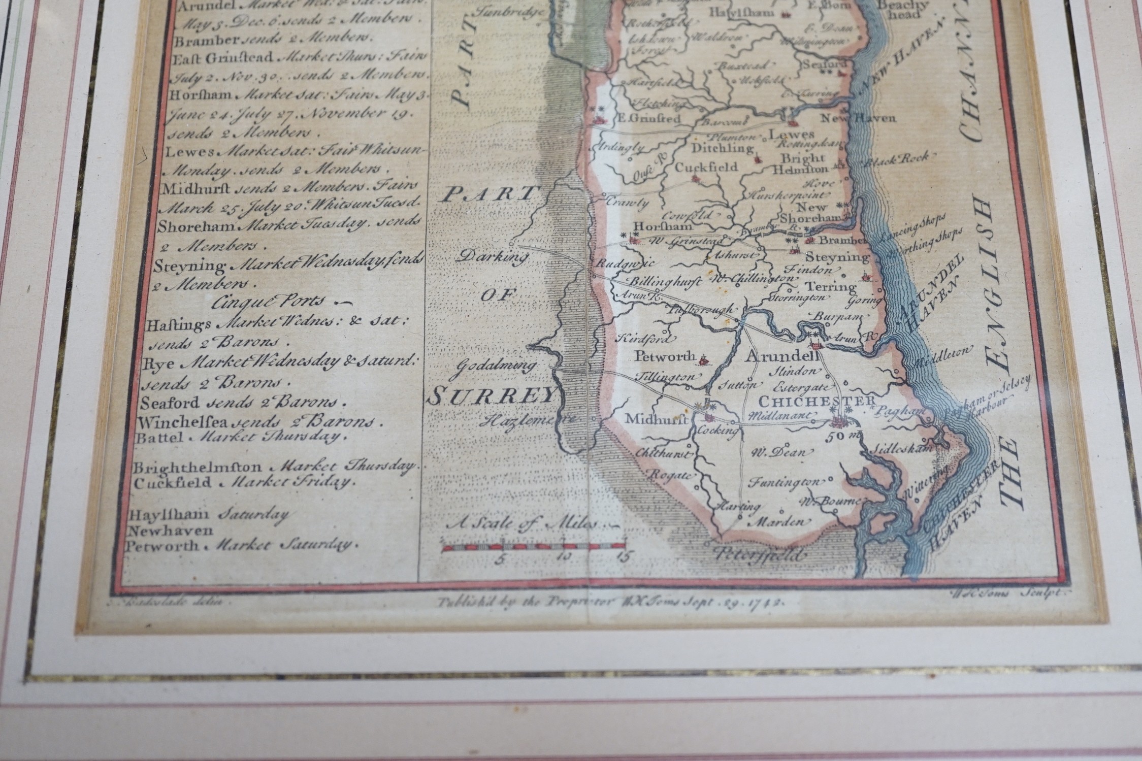 Badeslade (Thomas & William Henry Toms), coloured engraving, Map of the county of Sussex dated 1742, 15.5cm sq